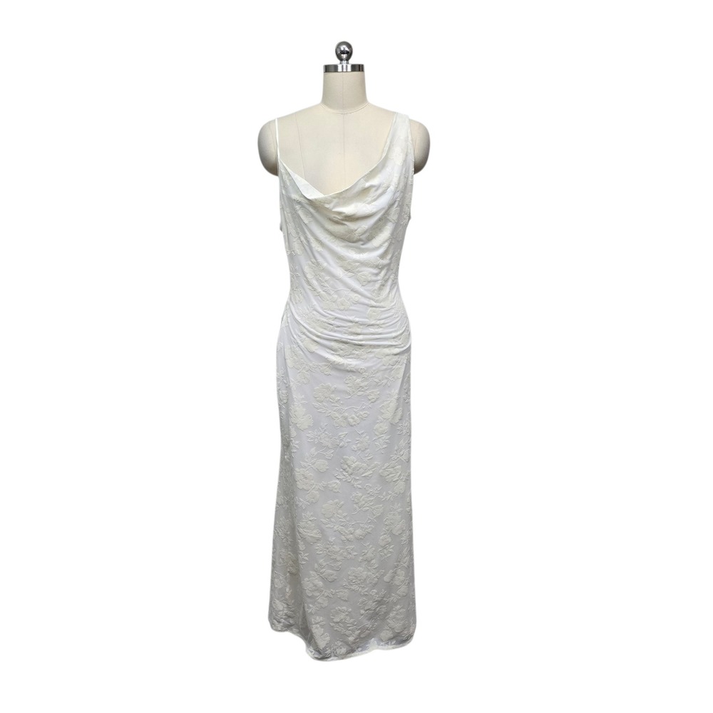 Bershka White Floral Burnout Cowl Neck Open Back Maxi Dress Womens Large Bridal